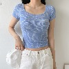 여성 여름 유넥 스트라이프 반팔 티 스판 줄무늬 반팔 슬림 티셔츠